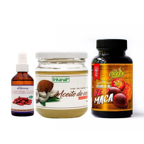 aceite de almendras, aceite de coco, aguaje y maca roja