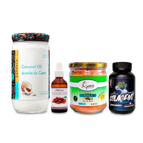 Aceite de coco, aceite de almendras, sábila con aguaje, colágeno hidrolizado