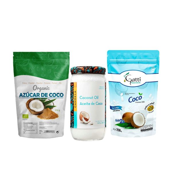 azúcar de coco, aceite de coco y leche vegetal de coco